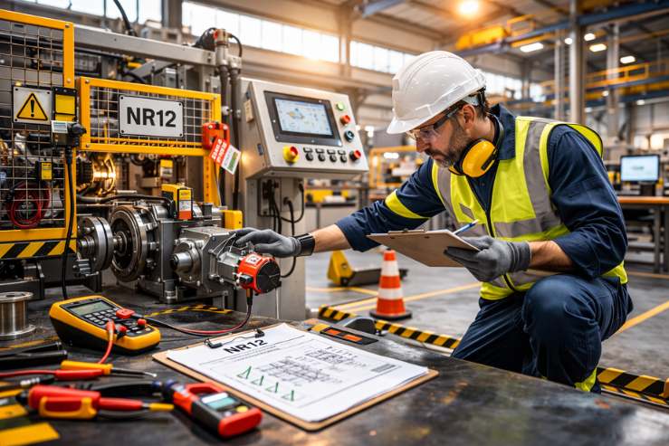 Engenheiro realizando avaliação NR12 em ambiente industrial