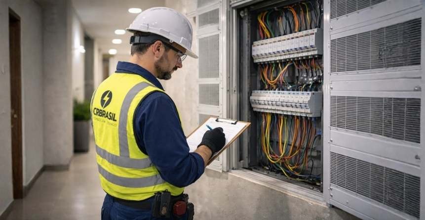 Engenheiro realizando inspeção elétrica em condomínio residencial