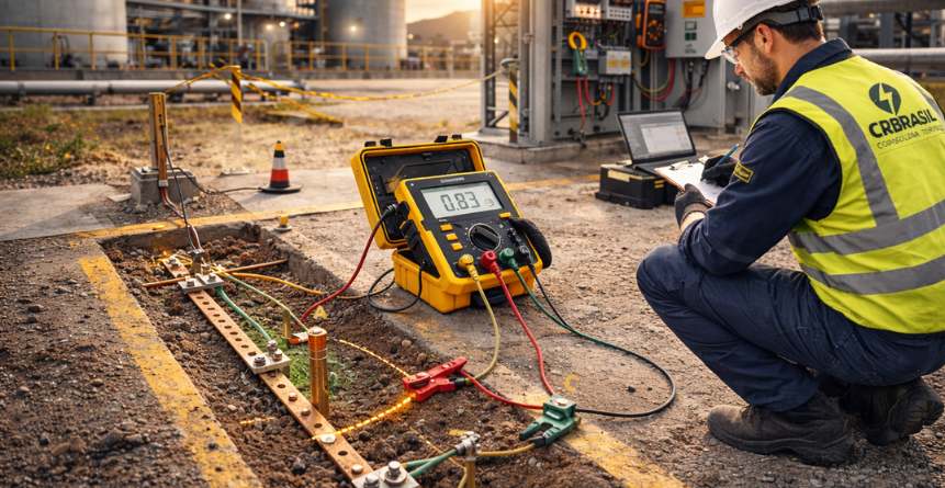 Inspeção técnica de malha e conexões do sistema de aterramento industrial