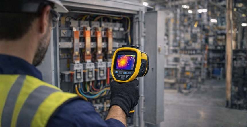 Câmera termográfica analisando painel elétrico industrial