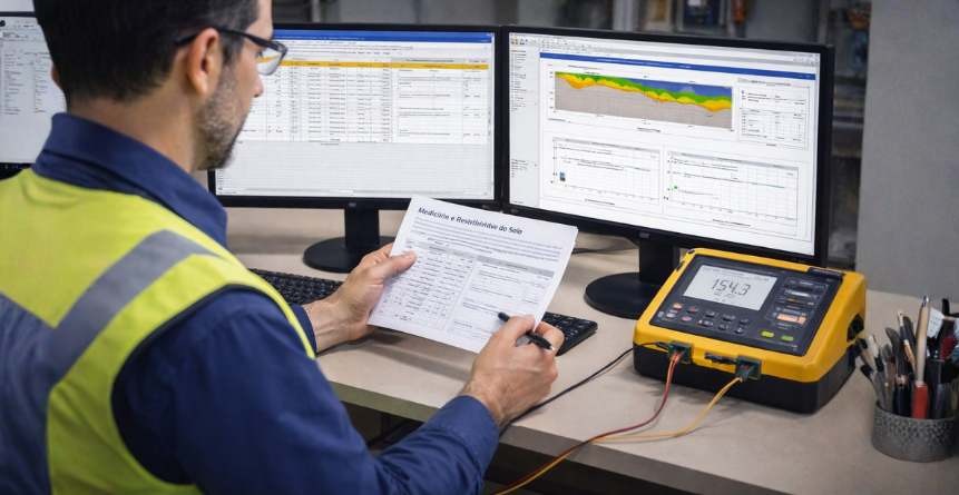 Engenheiro analisando dados de medição de resistividade do solo