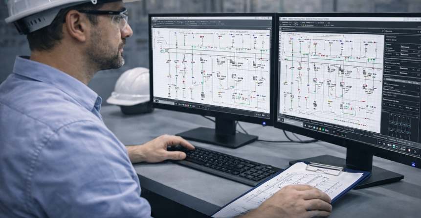 engenheiro desenvolvendo diagrama unifilar em software de engenharia