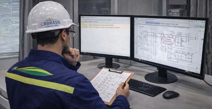 engenheiro analisando projeto elétrico digital em software de engenharia