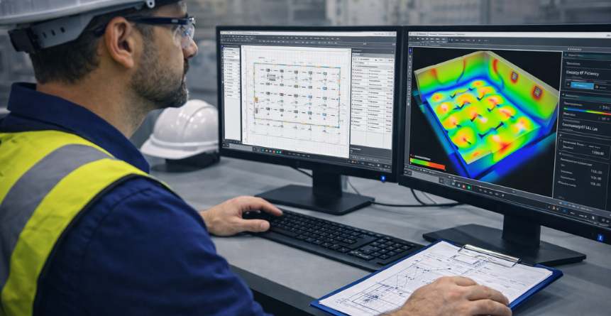 engenheiro analisando projeto luminotécnico em software de simulação