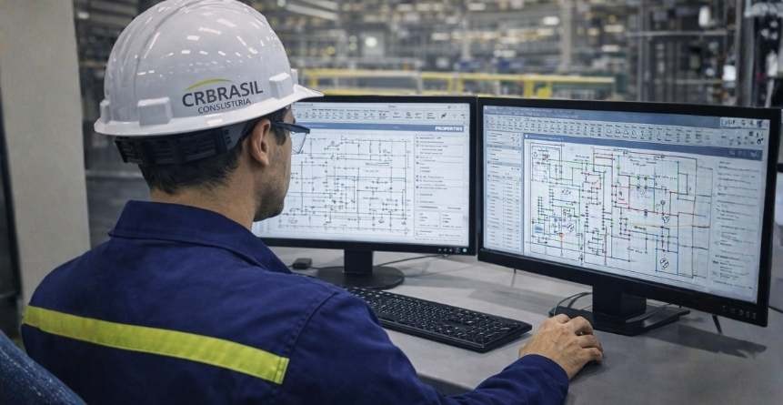 engenheiro analisando projeto de alarme de incêndio em software de engenharia