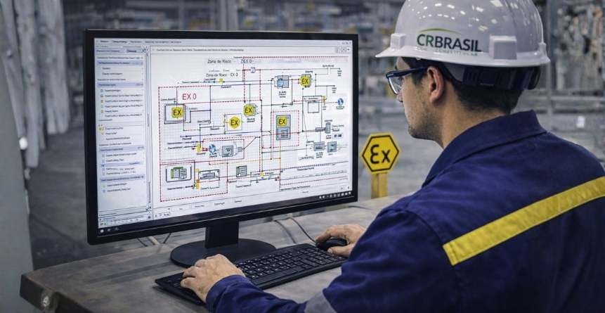 engenheiro desenvolvendo projeto para área EX em software de engenharia