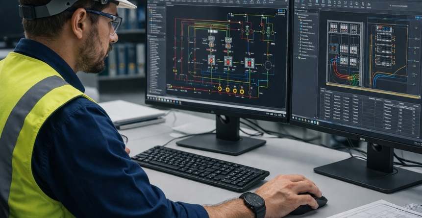 engenheiro analisando projeto elétrico industrial em software técnico