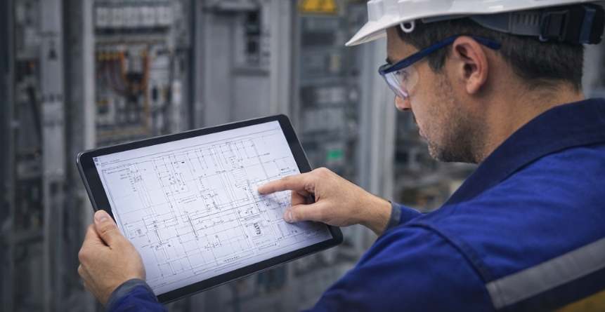 engenheiro analisando projeto elétrico industrial com tablet em consultoria em projetos e obras elétricas