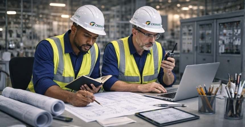 engenheiros analisando projeto industrial com notebook e plantas técnicas