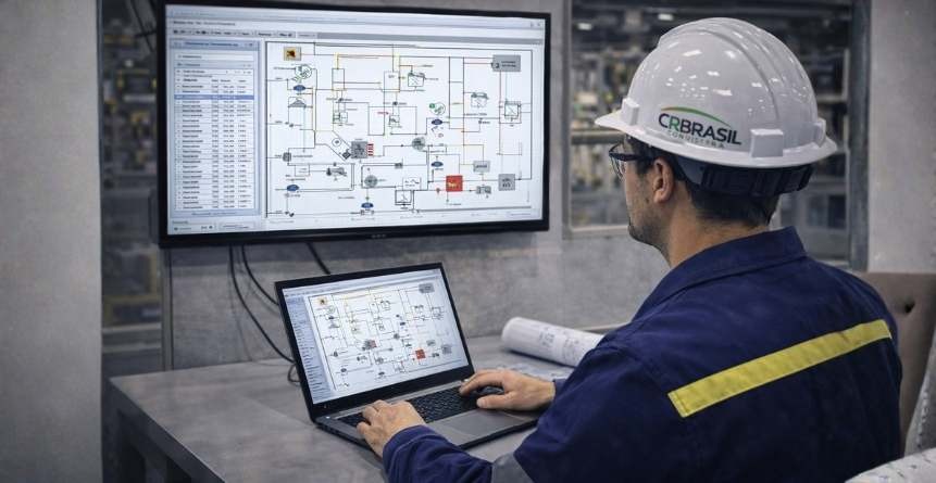engenheiro analisando projeto de sistema de segurança eletrônica em software