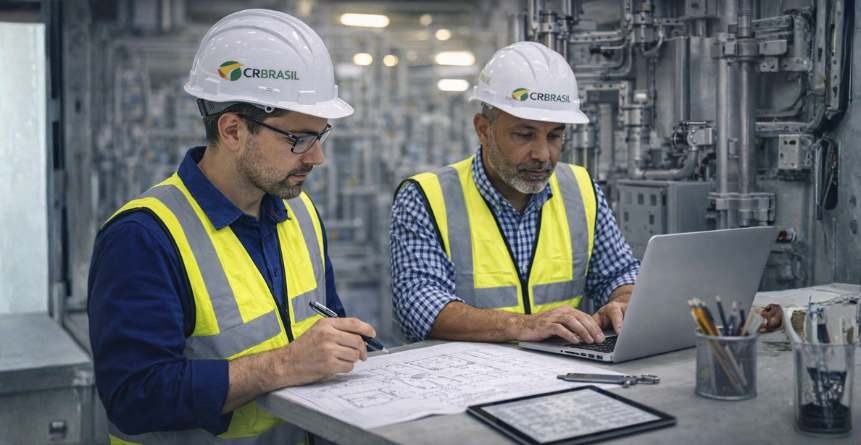engenheiros analisando projeto de subestação elétrica em ambiente técnico