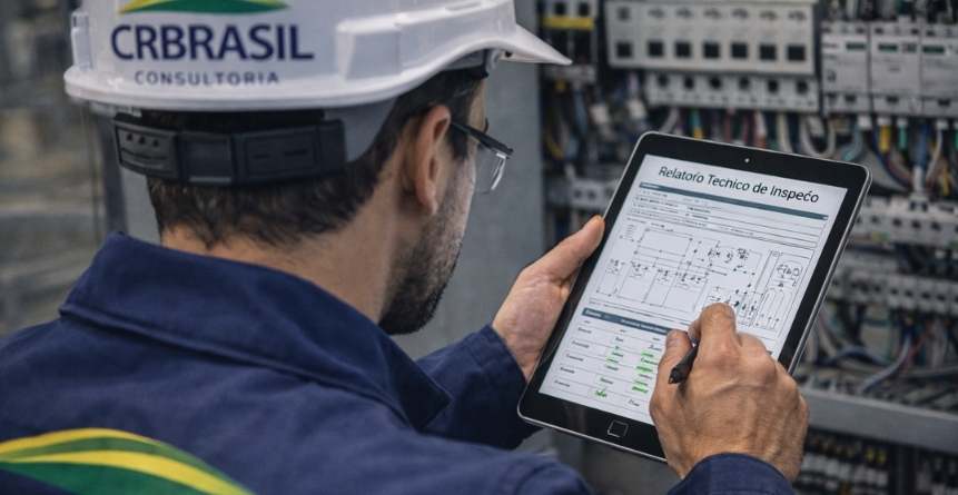 engenheiro analisando relatório técnico de inspeção em tablet com diagramas elétricos
