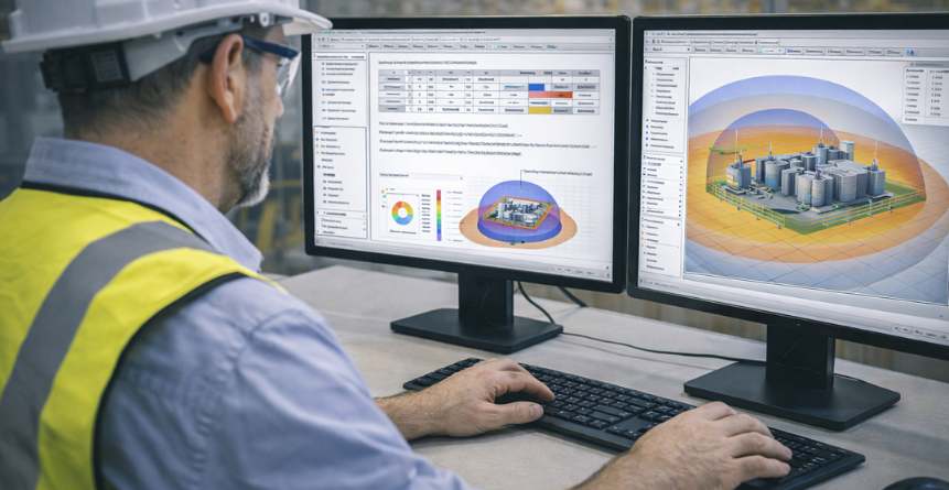 engenheiro analisando sistema de SPDA em software de engenharia