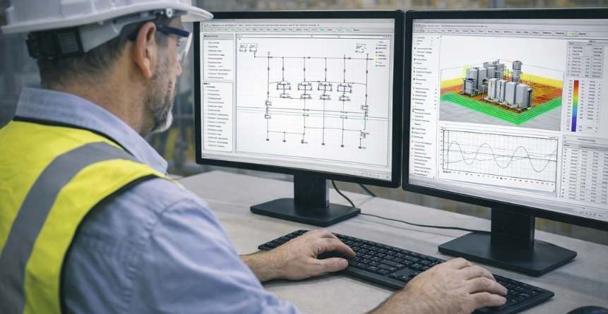 engenheiro analisando projeto de subestação em software de engenharia