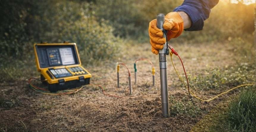 Técnico realizando ensaio de resistividade do solo com hastes e equipamento