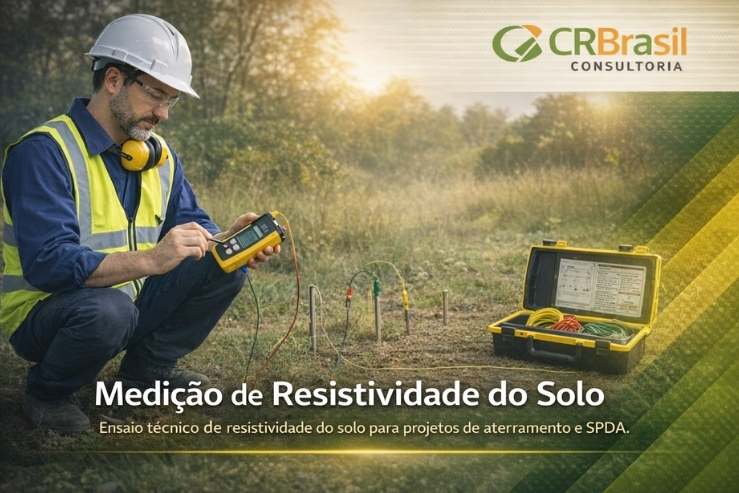 Técnico realizando ensaio de resistividade do solo com hastes e equipamento