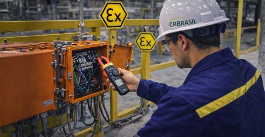 engenheiro avaliando equipamentos elétricos em área classificada EX industrial