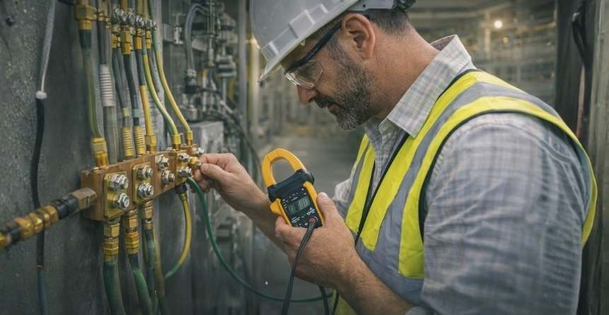 engenheiro avaliando conexões de aterramento equipotencial em instalação industrial