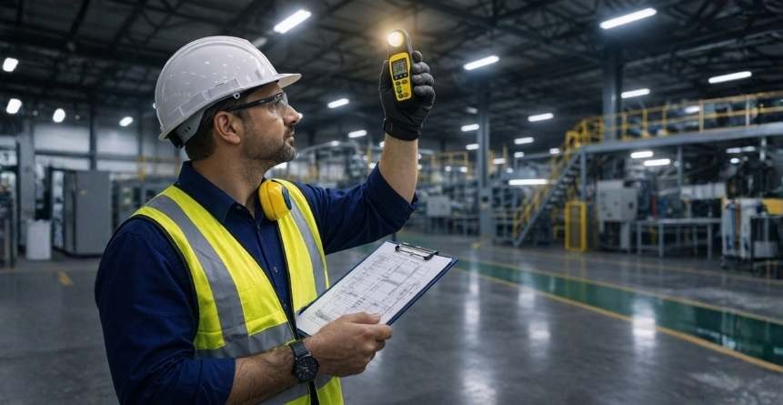 engenheiro avaliando sistema de iluminação industrial em ambiente técnico
