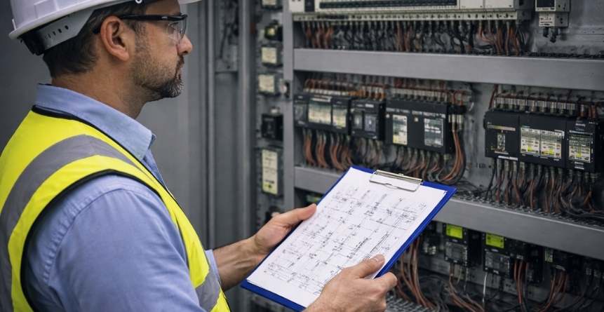 engenheiro analisando painel elétrico com base em diagrama unifilar