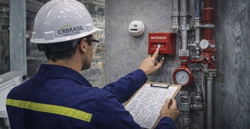 engenheiro eletricista inspecionando dispositivos de alarme de incêndio em ambiente industrial