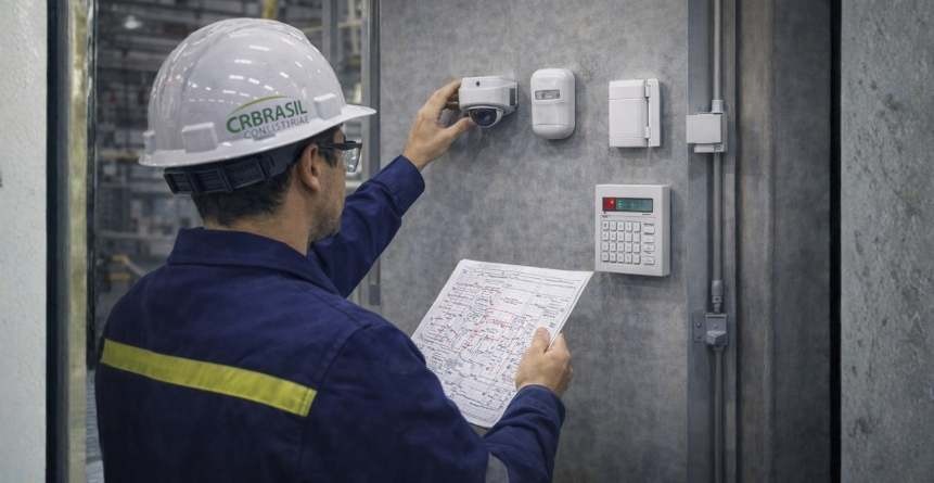 engenheiro avaliando sensores de segurança eletrônica em instalação industrial