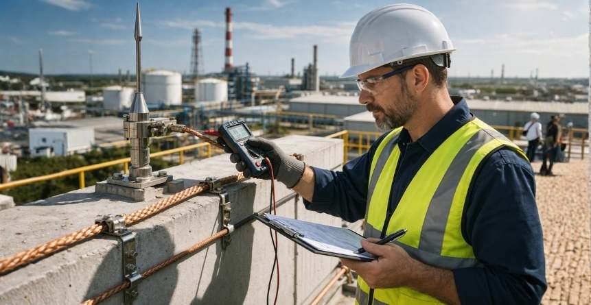 engenheiro avaliando sistema de para-raios em estrutura industrial