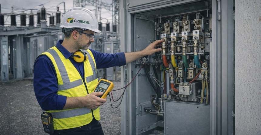 engenheiro realizando inspeção técnica em subestação elétrica