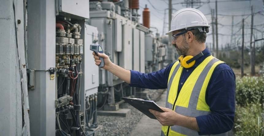 engenheiro avaliando equipamentos de subestação elétrica industrial