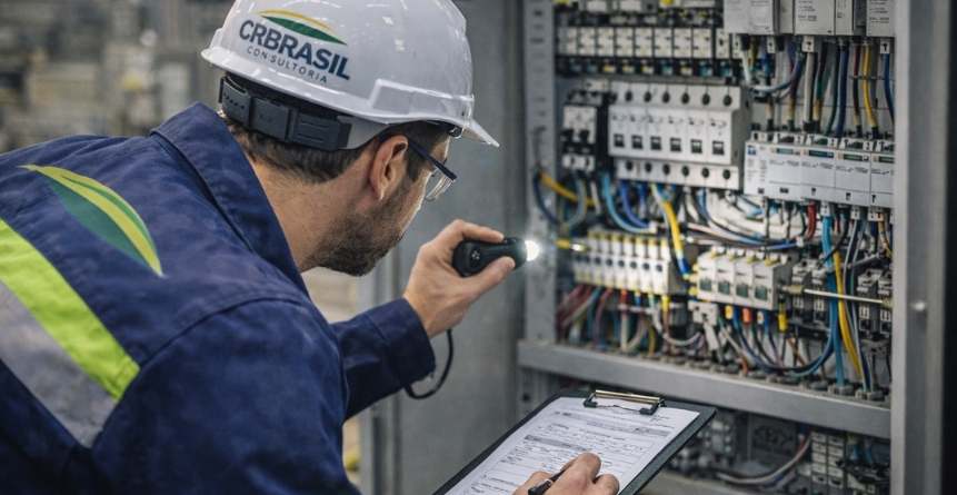 engenheiro eletricista realizando inspeção técnica em painel elétrico industrial aberto