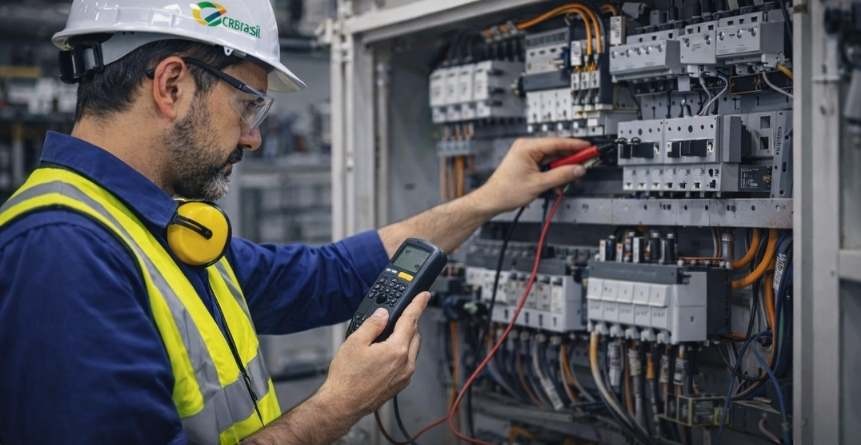 engenheiro realizando inspeção técnica em painel elétrico industrial