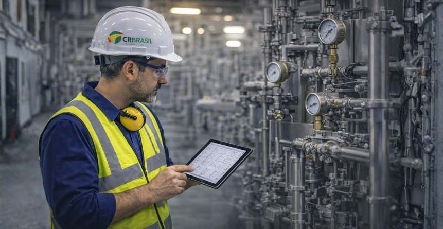 engenheiro realizando inspeção técnica em sistema industrial com tablet
