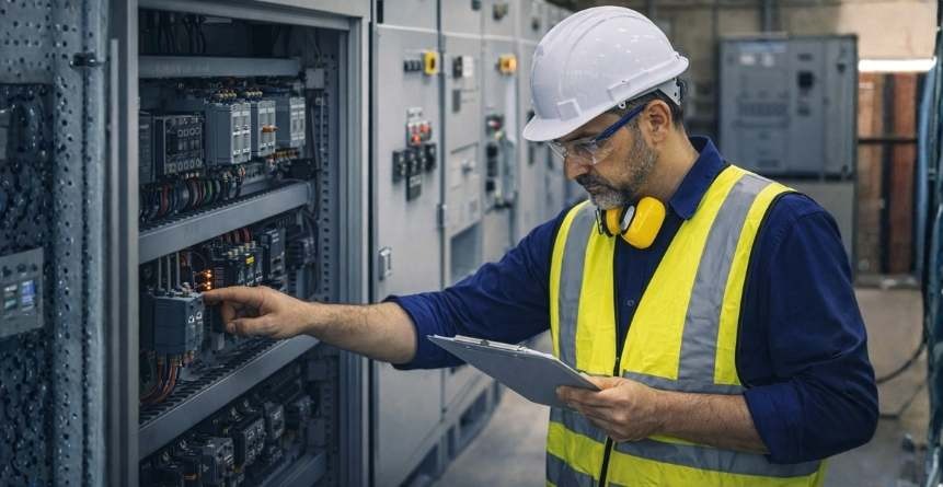 engenheiro realizando inspeção técnica em sistema elétrico industrial