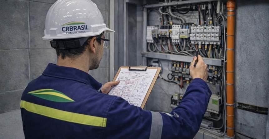 engenheiro realizando levantamento técnico em campo comparando instalação elétrica com projeto