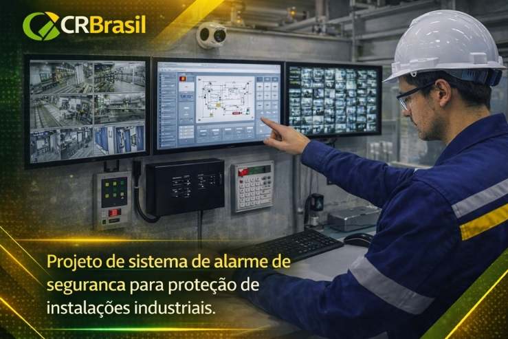 engenheiro eletricista analisando sistema de alarme de segurança em ambiente industrial