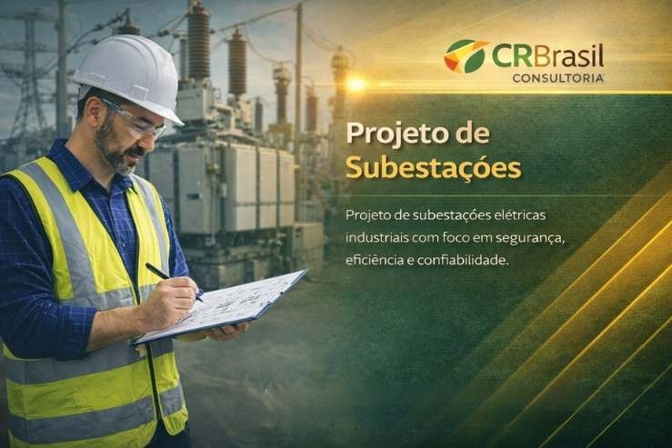 engenheiro eletricista analisando projeto de subestação de energia em ambiente industrial